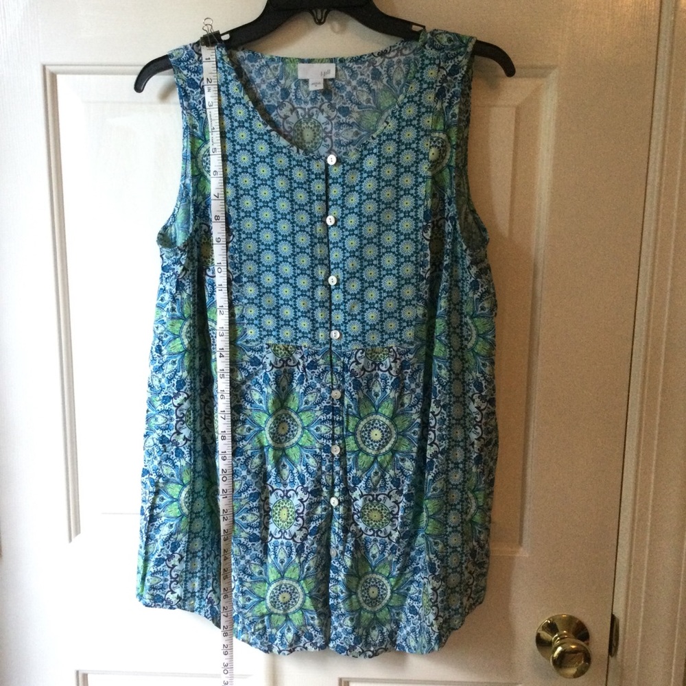 J Jill sleeveless button front top blue green print size medium